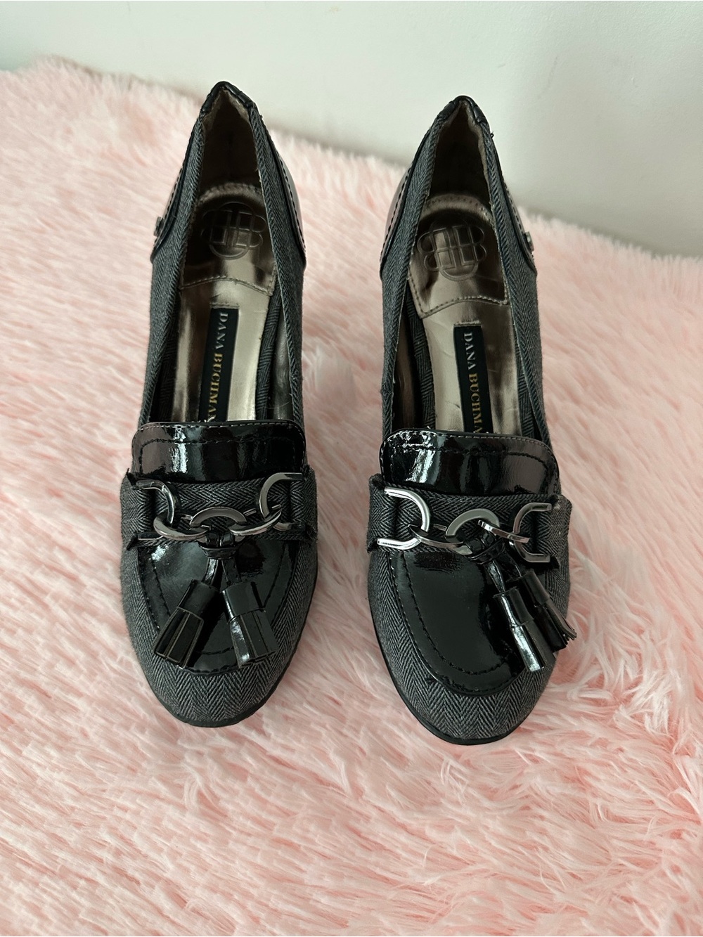 Dana Buchman Black Patent & Textile Tassel Loafers